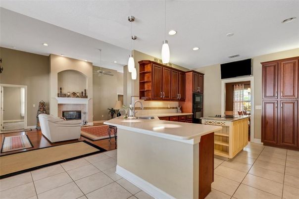 Fireplace, Interior, Kitchen, Living room, Pendant Lights, Recessed Lighting, Stainless Steel Appliances