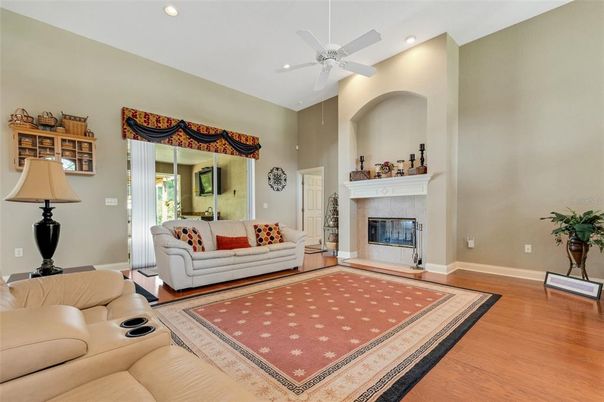 Fireplace, Interior, Living room, Recessed Lighting, Wood Texture Flooring