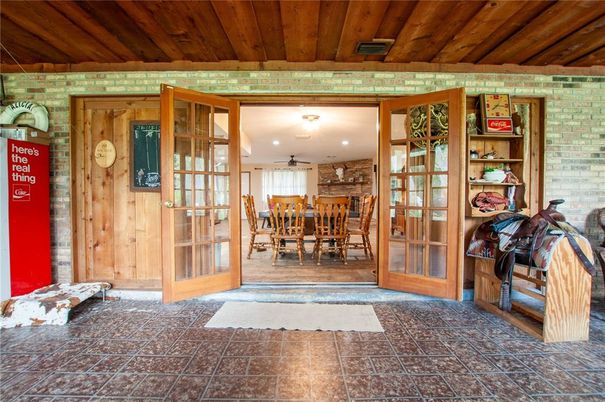 Dining room, Interior, Recessed Lighting, Stone Walls, Wooden Ceilings