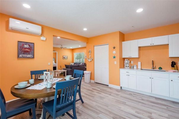 Dining room, Interior, Kitchen, Living room, Recessed Lighting, Wood Texture Flooring