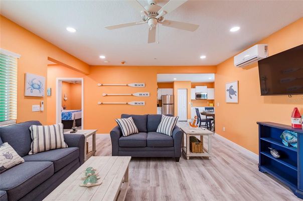 Interior, Kitchen, Living room, Recessed Lighting, Wood Texture Flooring