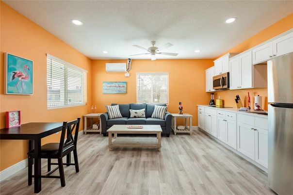 Dining room, Interior, Kitchen, Living room, Recessed Lighting, Wood Texture Flooring