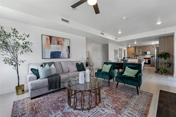 Interior, Kitchen, Living room, Recessed Lighting, Stainless Steel Appliances, Wood Texture Flooring