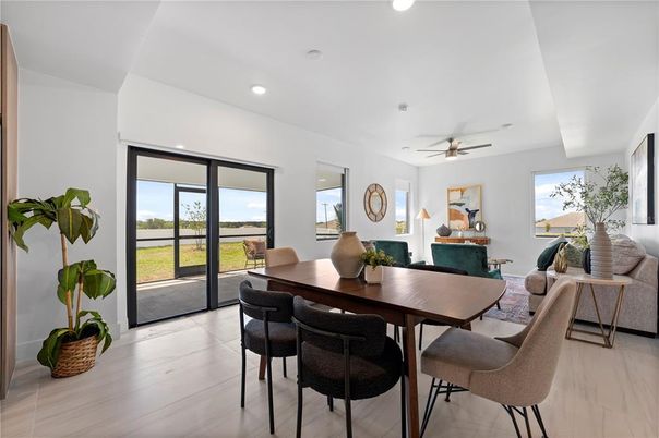 Dining room, Interior, Recessed Lighting, Wood Texture Flooring