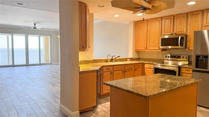 Interior, Kitchen, Recessed Lighting, Stainless Steel Appliances, Wood Texture Flooring