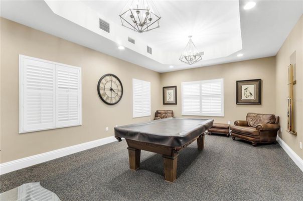 Billiard Table, Chandelier, Game Room, Interior, Recessed Lighting