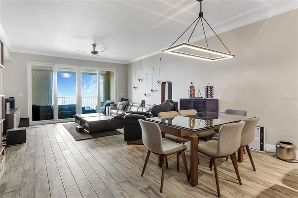 Dining room, Interior, Living room, Pendant Lights, Wood Texture Flooring