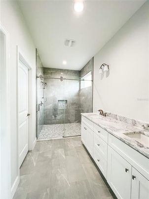Bathroom, Dual Sink Vanities, Glass Shower, Interior, Recessed Lighting
