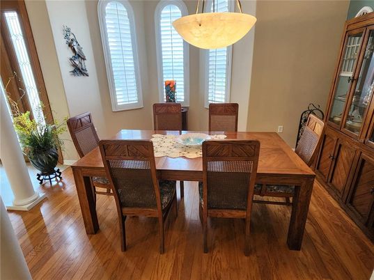 Dining room, Interior, Pendant Lights, Wood Texture Flooring