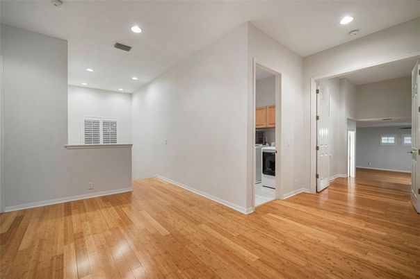 Empty room, Interior, Recessed Lighting, Washer, Wood Texture Flooring
