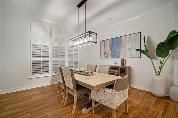 Dining room, Interior, Pendant Lights, Wood Texture Flooring