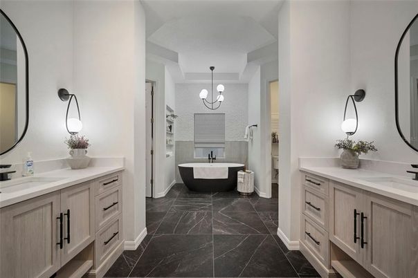 Bathroom, Chandelier, Dual Sink Vanities, Free Standing Baths, Interior, Marble, Pendant Lights