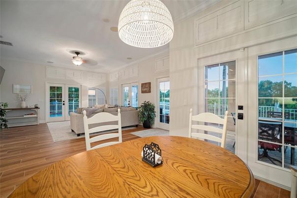 Dining room, Interior, Living room, Pendant Lights, Wood Texture Flooring