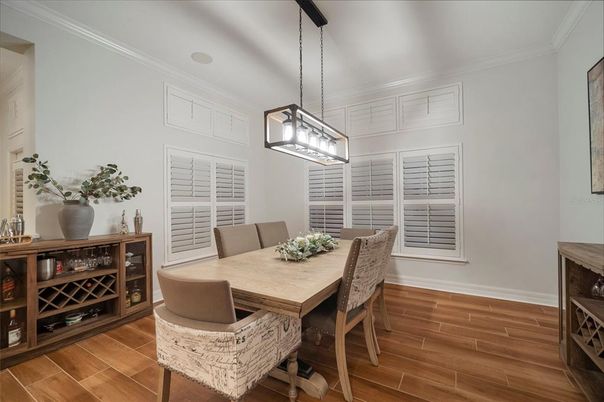 Dining room, Interior, Pendant Lights, Wood Texture Flooring