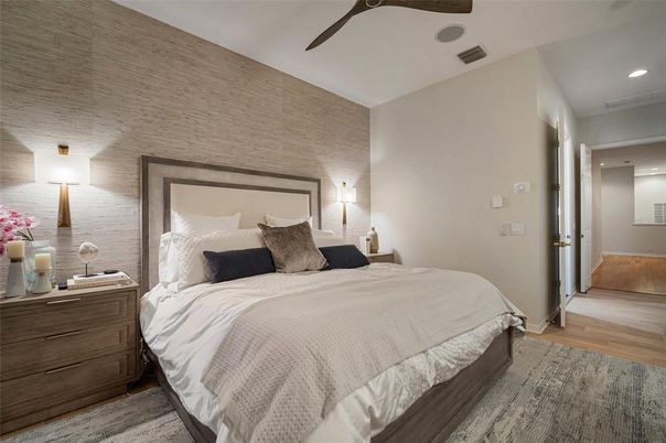 Bedroom, Interior, Recessed Lighting, Wood Texture Flooring