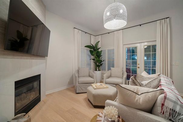 Fireplace, Interior, Living room, Pendant Lights, Wood Texture Flooring