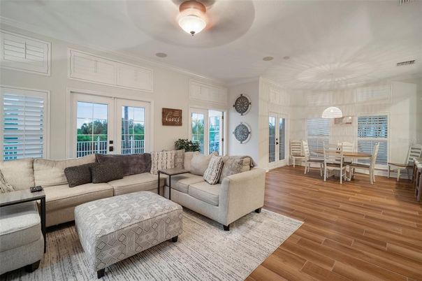 Dining room, Interior, Living room, Pendant Lights, Wood Texture Flooring