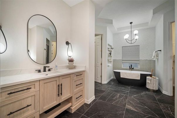 Bathroom, Dual Sink Vanities, Free Standing Baths, Interior, Marble, Pendant Lights