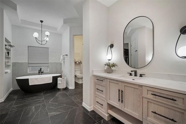 Bathroom, Dual Sink Vanities, Free Standing Baths, Interior, Marble, Pendant Lights