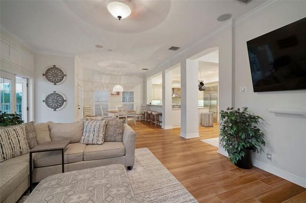 Dining room, Interior, Living room, Pendant Lights, Wood Texture Flooring