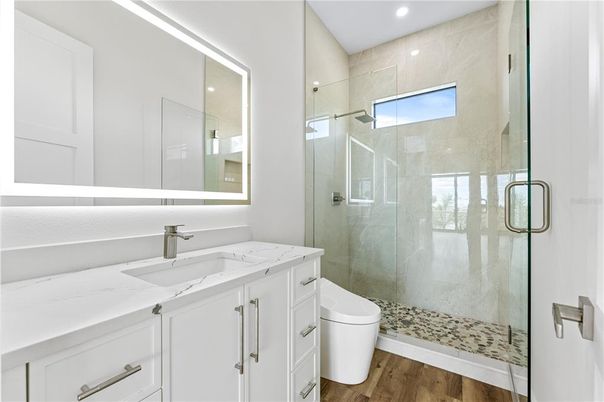 Bathroom, Glass Shower, Interior, Recessed Lighting, Wood Texture Flooring
