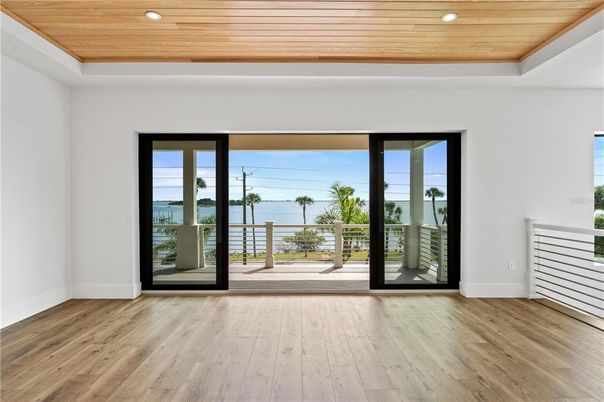 Empty room, Interior, Recessed Lighting, Water, Wooden Ceilings, Wood Texture Flooring
