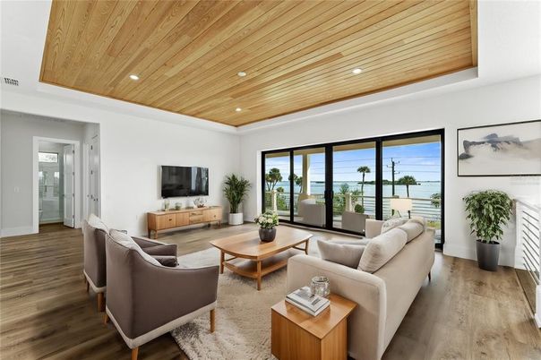 Interior, Living room, Recessed Lighting, Water, Wooden Ceilings, Wood Texture Flooring
