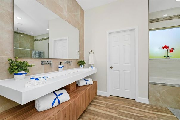 Bathroom, Dual Sink Vanities, Interior, Recessed Lighting, Wood Texture Flooring