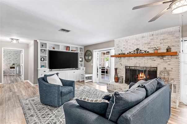Fireplace, Interior, Living room, Stone Walls, Wood Texture Flooring