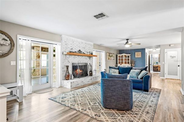 Fireplace, Interior, Living room, Stone Walls, Wood Texture Flooring