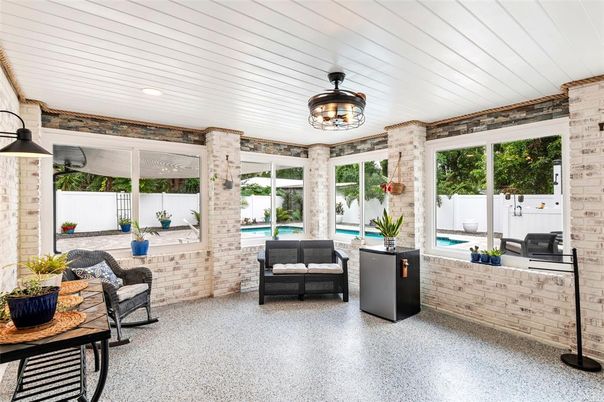 Interior, Living room, Pool, Recessed Lighting, Stone Walls