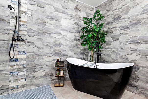 Bathroom, Free Standing Baths, Glass Shower, Interior, Marble Walls, Stone Walls