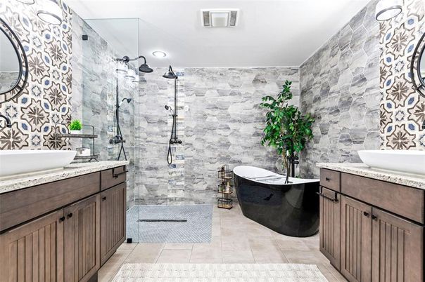 Bathroom, Dual Sink Vanities, Free Standing Baths, Glass Shower, Interior, Recessed Lighting, Stone Walls