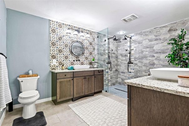 Bathroom, Dual Sink Vanities, Glass Shower, Interior, Stone Walls
