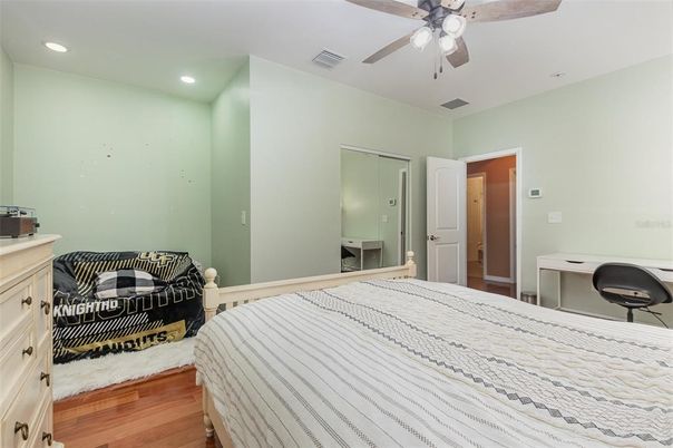 Bedroom, Interior, Recessed Lighting, Wood Texture Flooring