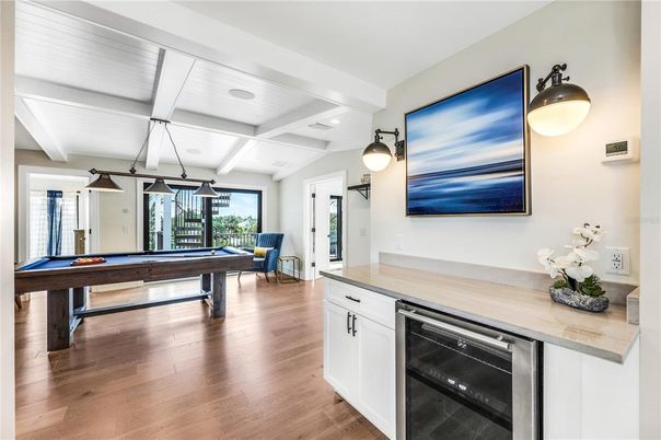 Billiard Table, Game Room, Interior, Kitchen, Pendant Lights, Recessed Lighting, Wood Texture Flooring