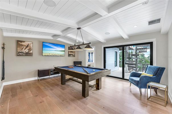 Billiard Table, Game Room, Interior, Pendant Lights, Recessed Lighting, Wood Texture Flooring