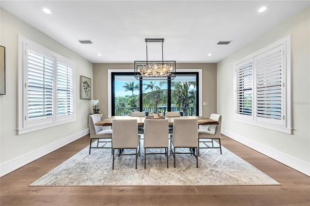 Dining room, Interior, Pendant Lights, Recessed Lighting, Wood Texture Flooring