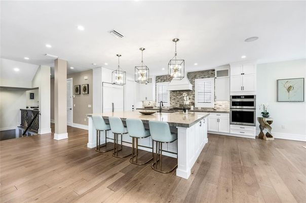 Interior, Kitchen, Pendant Lights, Recessed Lighting, Stainless Steel Appliances, Wood Texture Flooring