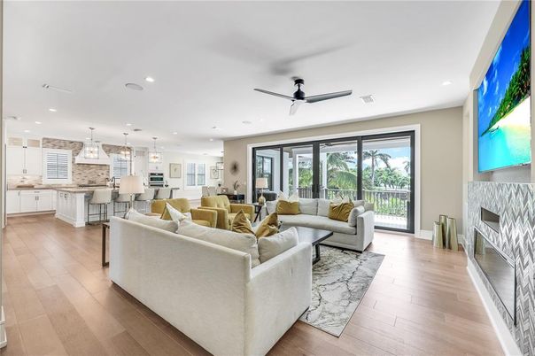 Dining room, Fireplace, Interior, Kitchen, Living room, Pendant Lights, Recessed Lighting, Wood Texture Flooring