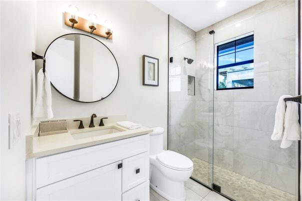 Bathroom, Glass Shower, Interior, Marble Walls, Recessed Lighting