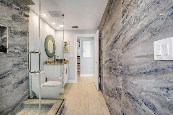 Bathroom, Glass Shower, Interior, Recessed Lighting, Wood Texture Flooring