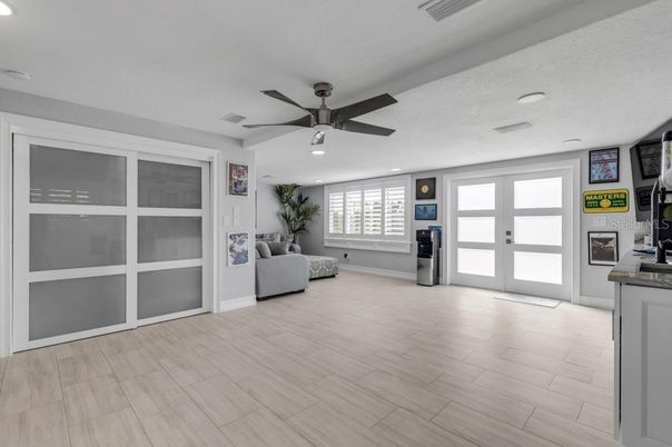 Fireplace, Interior, Living room, Recessed Lighting, Wood Texture Flooring