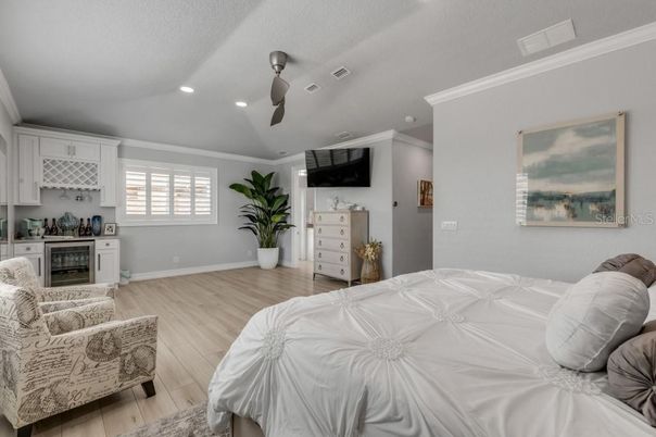 Bedroom, Interior, Recessed Lighting, Wood Texture Flooring