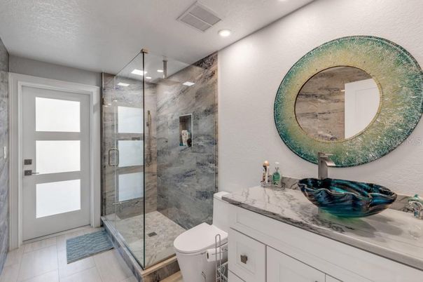 Bathroom, Glass Shower, Interior, Marble Walls, Recessed Lighting