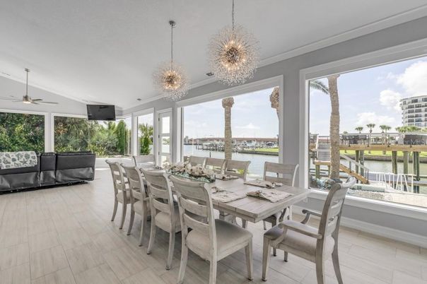 Dining room, Interior, Pendant Lights, Water, Wood Texture Flooring