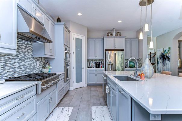 Interior, Kitchen, Marble, Pendant Lights, Recessed Lighting, Stainless Steel Appliances