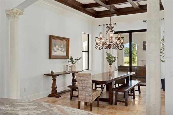 Chandelier, Dining room, Interior, Wooden Beams