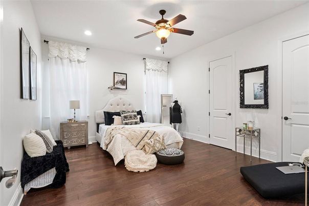 Bedroom, Interior, Recessed Lighting, Wood Texture Flooring
