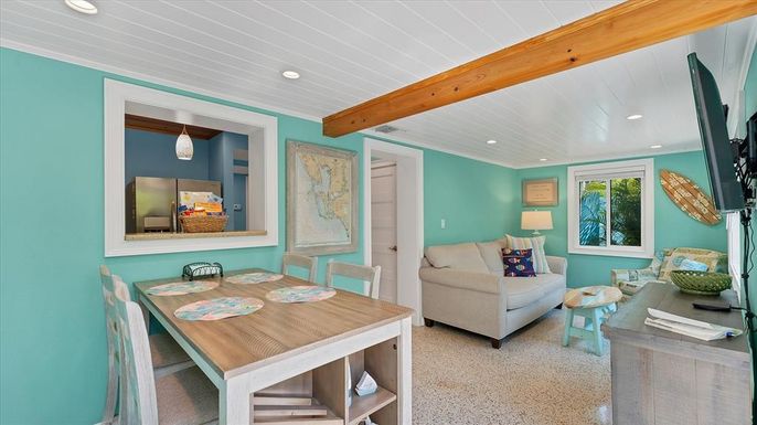 Dining room, Interior, Living room, Recessed Lighting, Wooden Beams